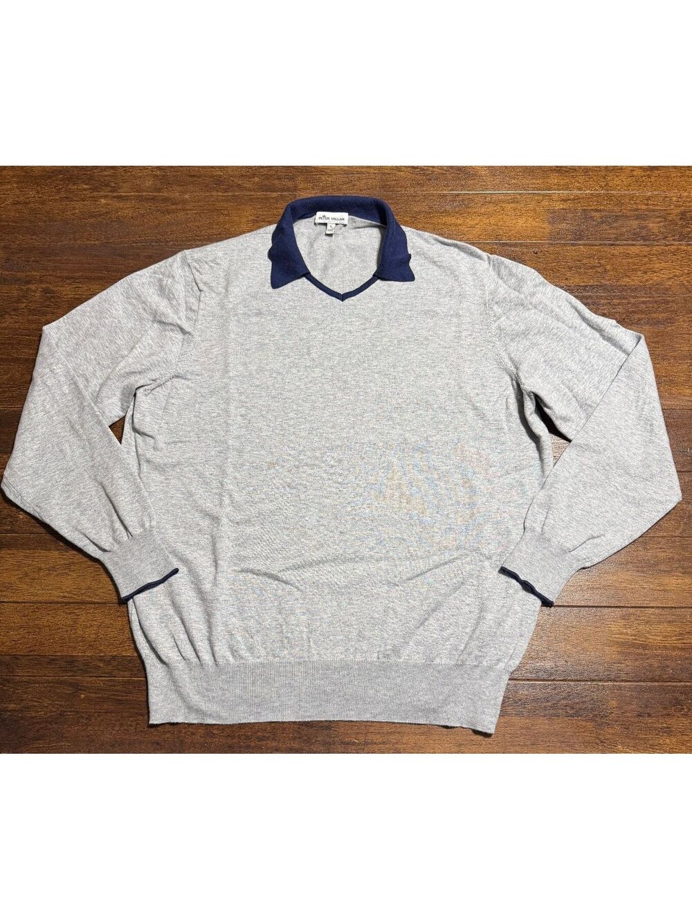 Peter Millar Mens Crown Soft Collared Sweater L Gray Navy Silk Cashmere Golf